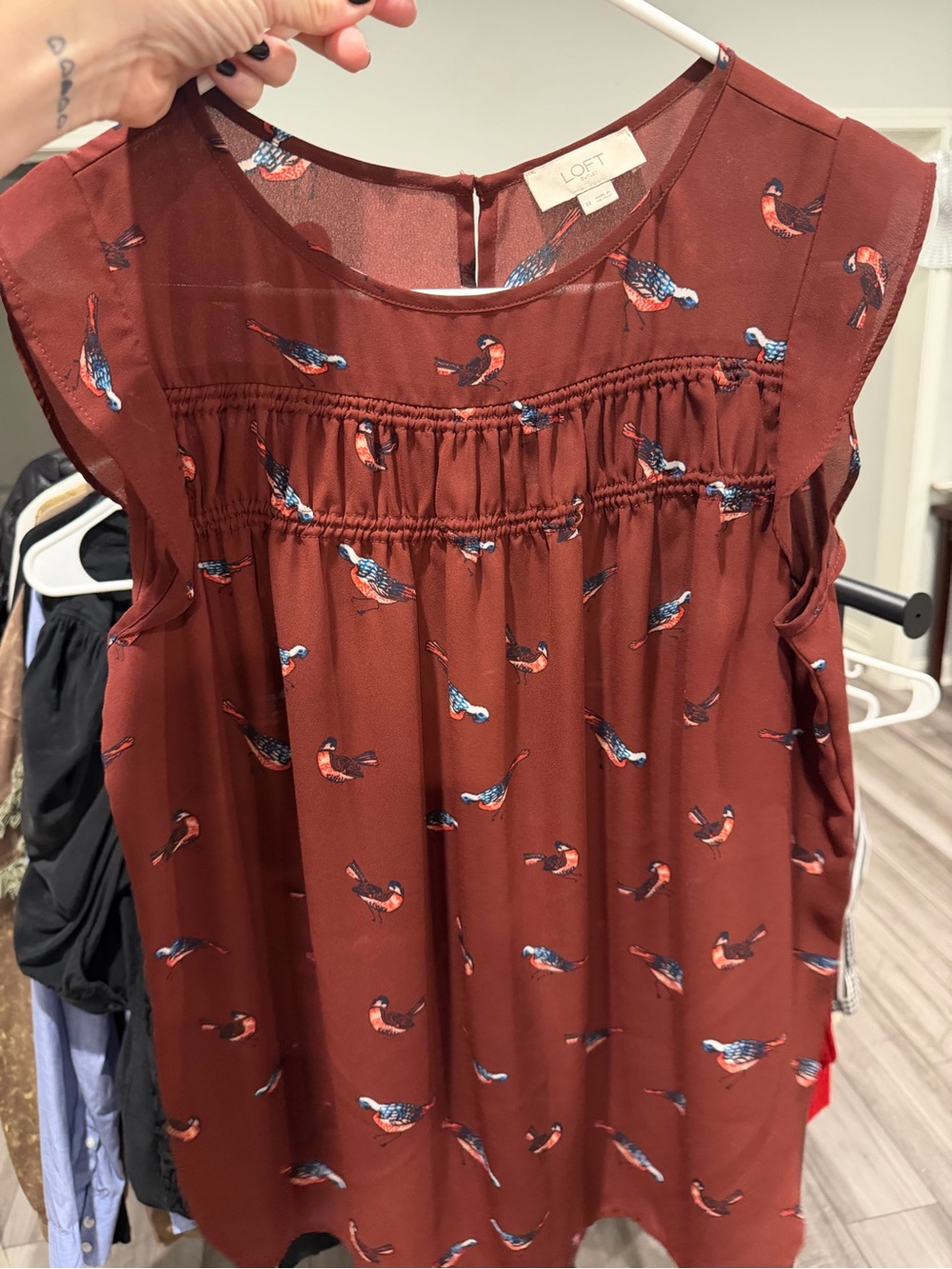 LOFT Maroon Bird-Print Cap-Sleeve Blouse